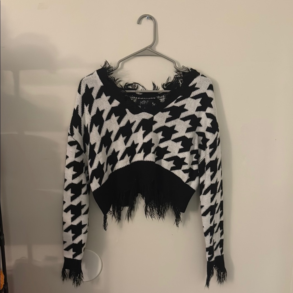 Just Polly Black and White Sweater with Fringe